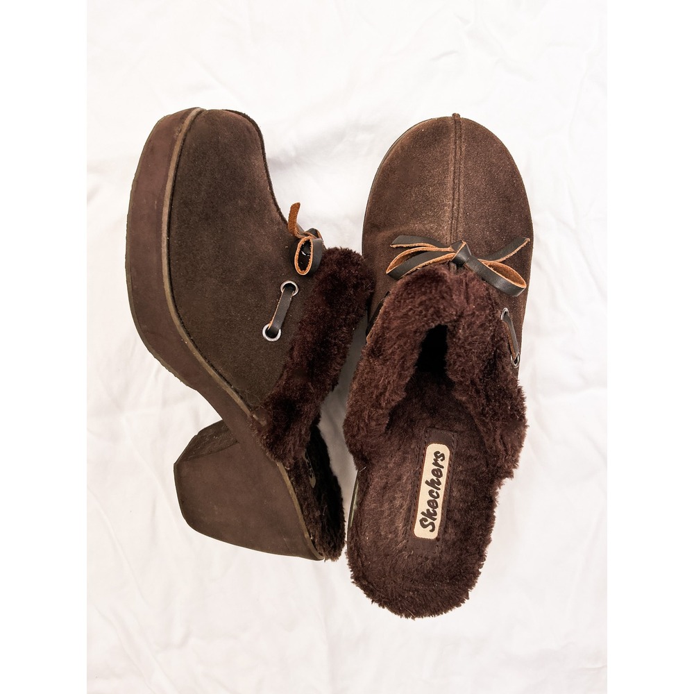 Skechers Y2K Disco Bunny Boogie Down Platform‎ Clogs Suede Faux Fur Mules SZ 9 - Picture 2 of 5
